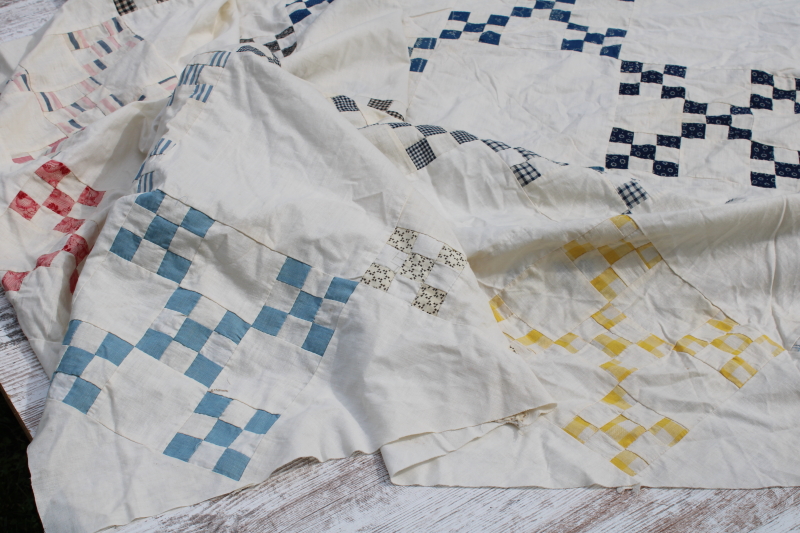 photo of antique hand stitched patchwork quilt top, late 1800s early 1900s vintage cotton fabrics blues reds  #12