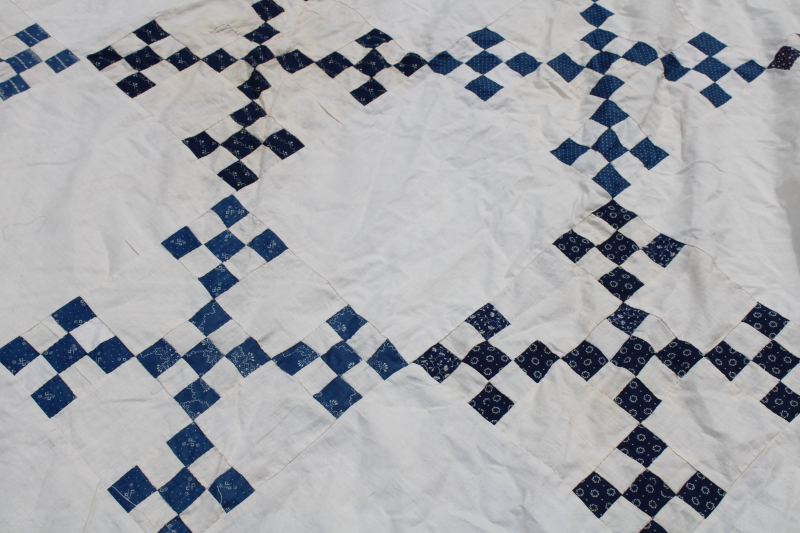 photo of antique hand stitched patchwork quilt top, late 1800s early 1900s vintage cotton fabrics blues reds  #13