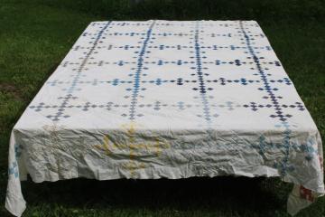 catalog photo of antique hand stitched patchwork quilt top, late 1800s early 1900s vintage cotton fabrics blues reds 