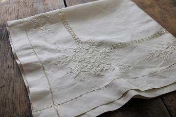 catalog photo of antique handkerchief linen table cover cloth w/ drawn thread lace, white embroidery ivy leaves