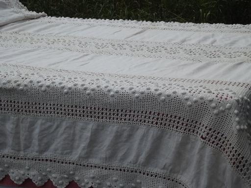 photo of antique handmade bedspread crochet lace insertion, wide linen panels #1