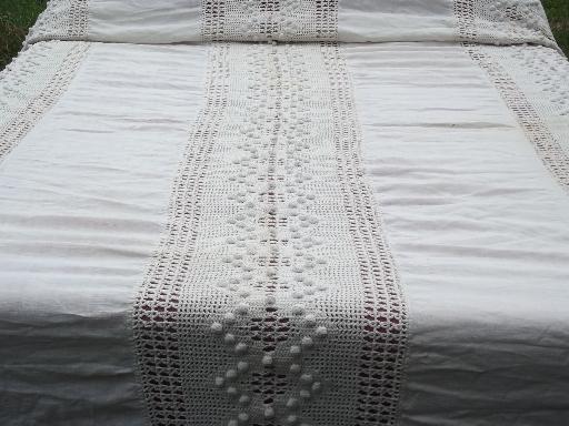 photo of antique handmade bedspread crochet lace insertion, wide linen panels #2