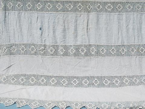 photo of antique handmade tablecloth, crochet lace insertion, wide linen panels #1