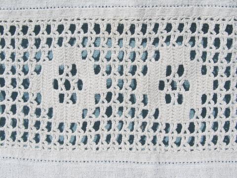 photo of antique handmade tablecloth, crochet lace insertion, wide linen panels #3