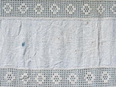 photo of antique handmade tablecloth, crochet lace insertion, wide linen panels #4