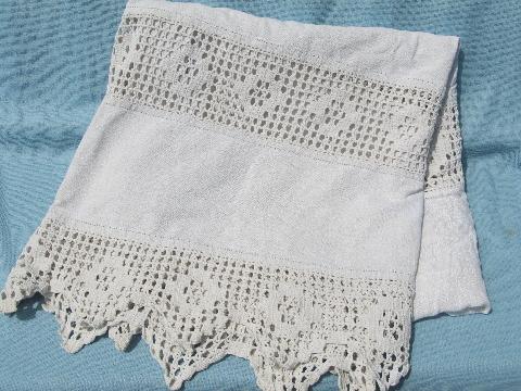 photo of antique handmade tablecloth, crochet lace insertion, wide linen panels #5