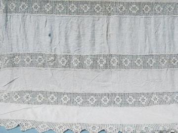 catalog photo of antique handmade tablecloth, crochet lace insertion, wide linen panels