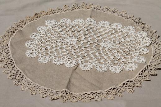 photo of antique handmade tatted lace doilies, vintage table mat & lace trimmed linen centerpiece #1