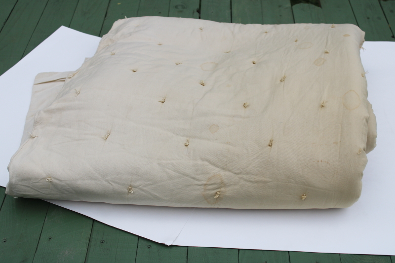 photo of antique handmade tied quilt, plain unbleached cotton comforter or thin mattress, rustic primitive vintage  #1