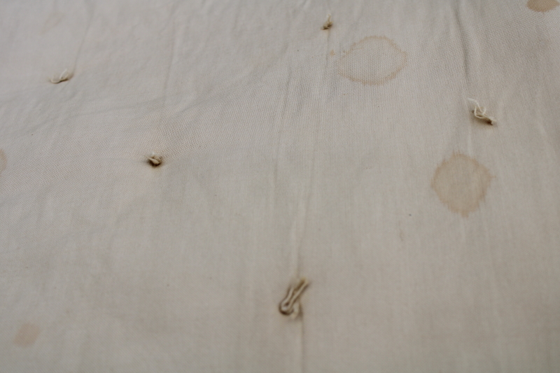photo of antique handmade tied quilt, plain unbleached cotton comforter or thin mattress, rustic primitive vintage  #2