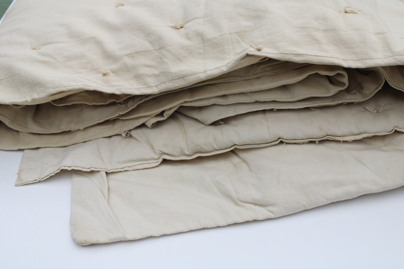 photo of antique handmade tied quilt, plain unbleached cotton comforter or thin mattress, rustic primitive vintage  #3
