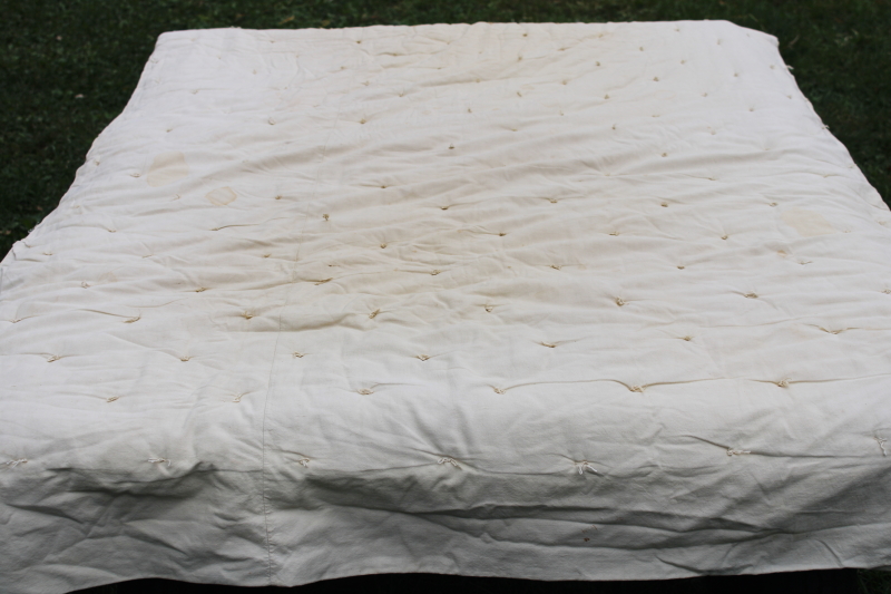 photo of antique handmade tied quilt, plain unbleached cotton comforter or thin mattress, rustic primitive vintage  #4
