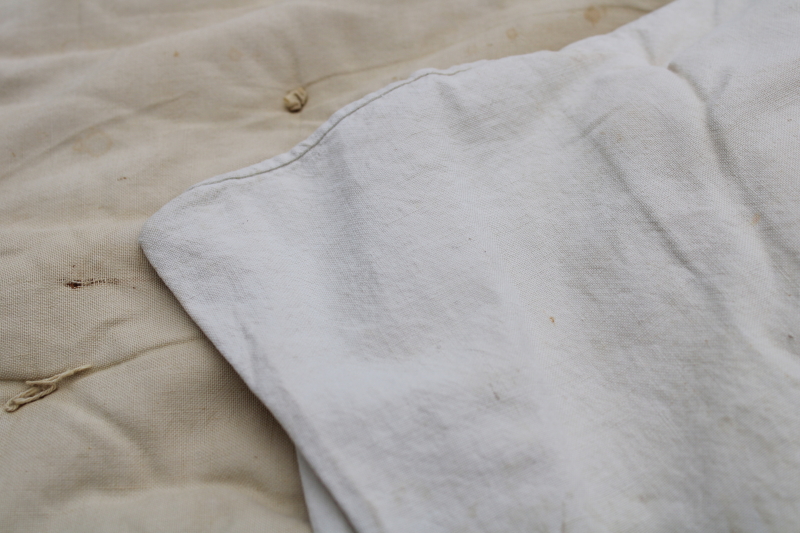 photo of antique handmade tied quilt, plain unbleached cotton comforter or thin mattress, rustic primitive vintage  #5