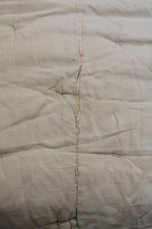 photo of antique handmade tied quilt, plain unbleached cotton comforter or thin mattress, rustic primitive vintage  #7