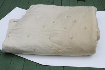 antique handmade tied quilt, plain unbleached cotton comforter or thin mattress, rustic primitive vintage 