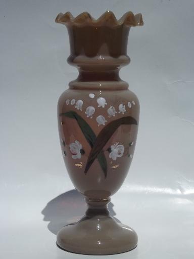 photo of antique hand-painted Bristol opaline glass vase, rare oyster or chocolate color #1