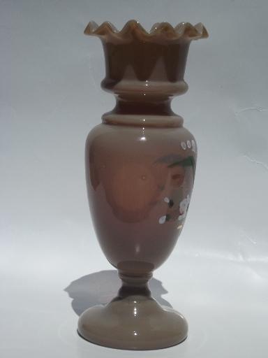photo of antique hand-painted Bristol opaline glass vase, rare oyster or chocolate color #2