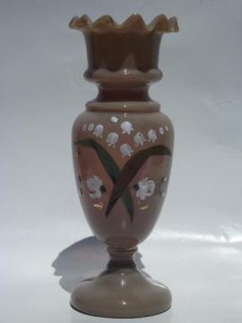 catalog photo of antique hand-painted Bristol opaline glass vase, rare oyster or chocolate color