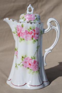 catalog photo of antique hand-painted Japan china chocolate pot, tall tea / coffee pot with flowers