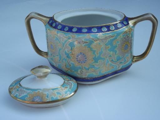 photo of antique hand-painted Nippon enamel brocade pattern china cream and sugar #3