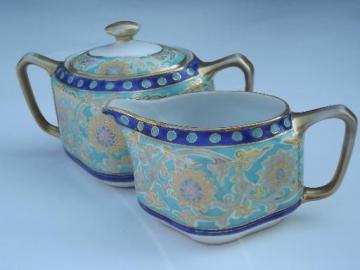 catalog photo of antique hand-painted Nippon enamel brocade pattern china cream and sugar