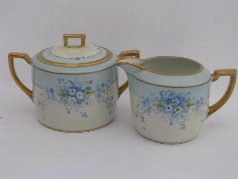 photo of antique hand-painted Nippon forget-me-not floral china cream & sugar set #1