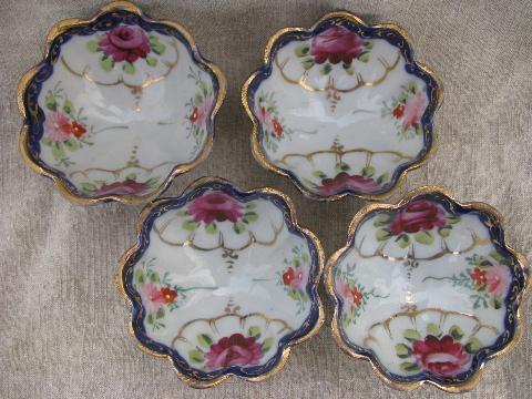 photo of antique hand-painted Nippon porcelain nut dishes, small fluted bowls #2