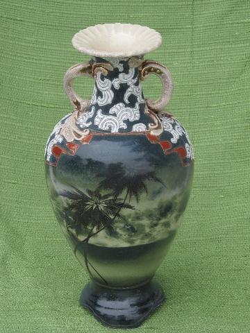 photo of antique hand-painted Nippon vase, tall urn w/ stormy sea & palm trees #1