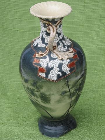 photo of antique hand-painted Nippon vase, tall urn w/ stormy sea & palm trees #2