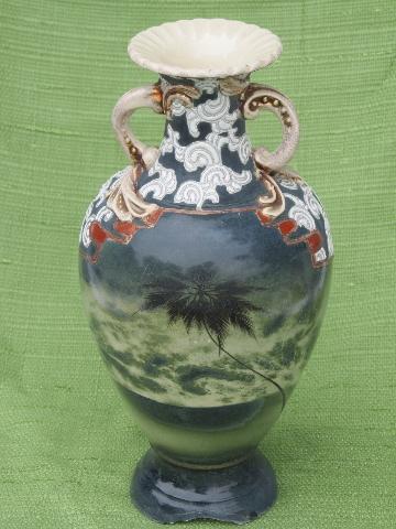 photo of antique hand-painted Nippon vase, tall urn w/ stormy sea & palm trees #3