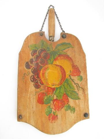 photo of antique hand-painted bread board / knife block w/ hanger & knife #1