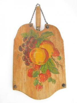 catalog photo of antique hand-painted bread board / knife block w/ hanger & knife