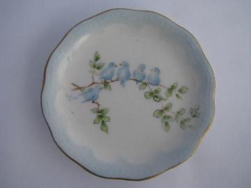 catalog photo of antique hand-painted butter pat plate, family of bluebirds, vintage bluebird china