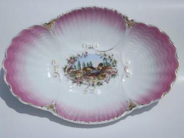 catalog photo of antique hand-painted china serving bowl, chicks in a barnyard farm scene 
