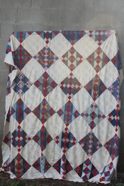 photo of antique hand-stitched patchwork quilt top, vintage cotton prints & flour sack fabric #1