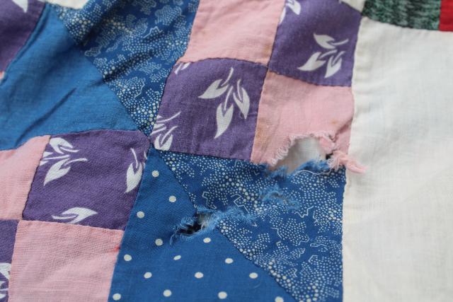 photo of antique hand-stitched patchwork quilt top, vintage cotton prints & flour sack fabric #5