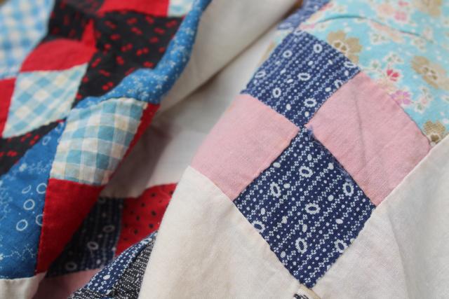 photo of antique hand-stitched patchwork quilt top, vintage cotton prints & flour sack fabric #6