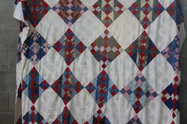 photo of antique hand-stitched patchwork quilt top, vintage cotton prints & flour sack fabric #7