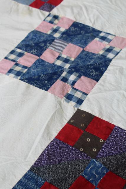 photo of antique hand-stitched patchwork quilt top, vintage cotton prints & flour sack fabric #9