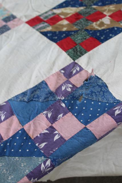 photo of antique hand-stitched patchwork quilt top, vintage cotton prints & flour sack fabric #14