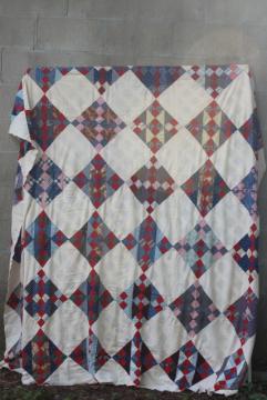 catalog photo of antique hand-stitched patchwork quilt top, vintage cotton prints & flour sack fabric