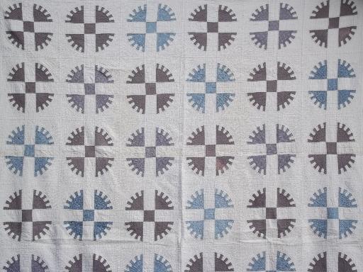 photo of antique hand-stitched sawtooth wheel quilt, vintage blue and grey on white #1