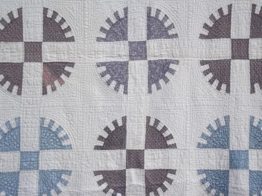 photo of antique hand-stitched sawtooth wheel quilt, vintage blue and grey on white #2