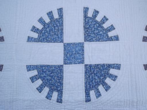 photo of antique hand-stitched sawtooth wheel quilt, vintage blue and grey on white #4