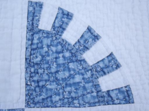 photo of antique hand-stitched sawtooth wheel quilt, vintage blue and grey on white #5