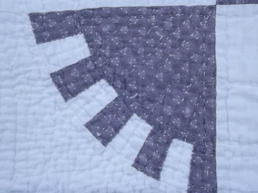 photo of antique hand-stitched sawtooth wheel quilt, vintage blue and grey on white #6