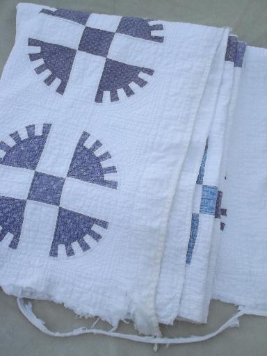 photo of antique hand-stitched sawtooth wheel quilt, vintage blue and grey on white #8