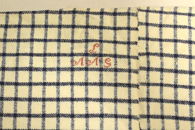 photo of antique handwoven homespun wool blue &  white check Shaker blanket w/ red monogram embroidery #10