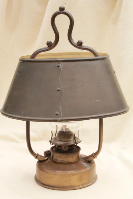 photo of antique hanging brass oil lamp w/ metal shade, farmhouse or tavern light w/ old tarnish patina #1