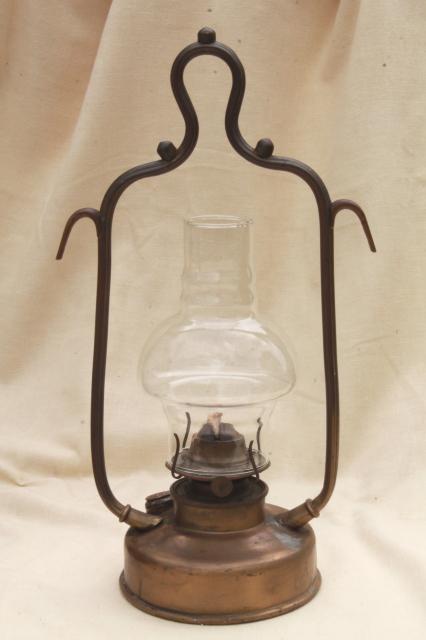 photo of antique hanging brass oil lamp w/ metal shade, farmhouse or tavern light w/ old tarnish patina #3